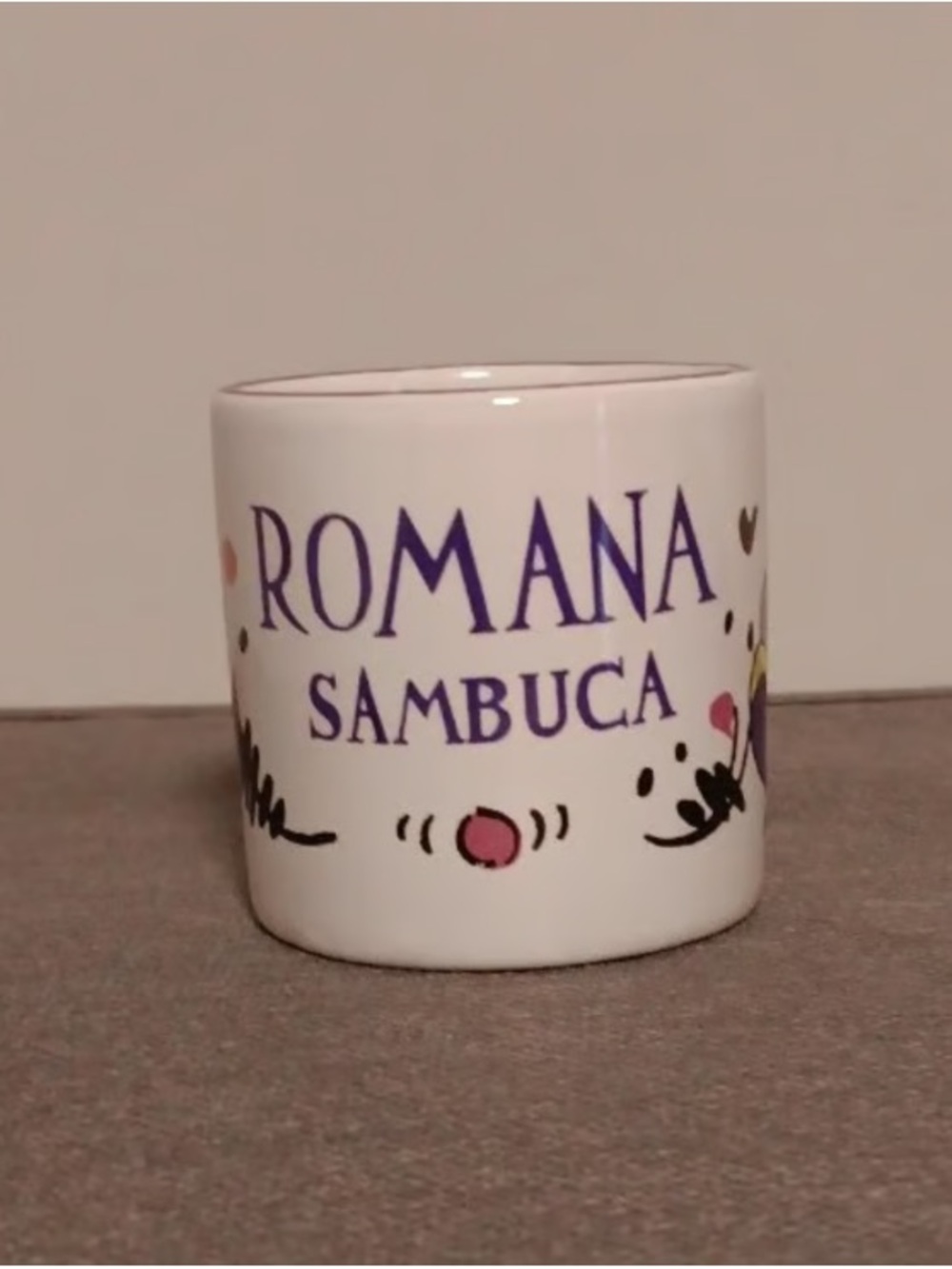 Romana Sambuca Ceramic Shot Cup - White with Purple Lettering